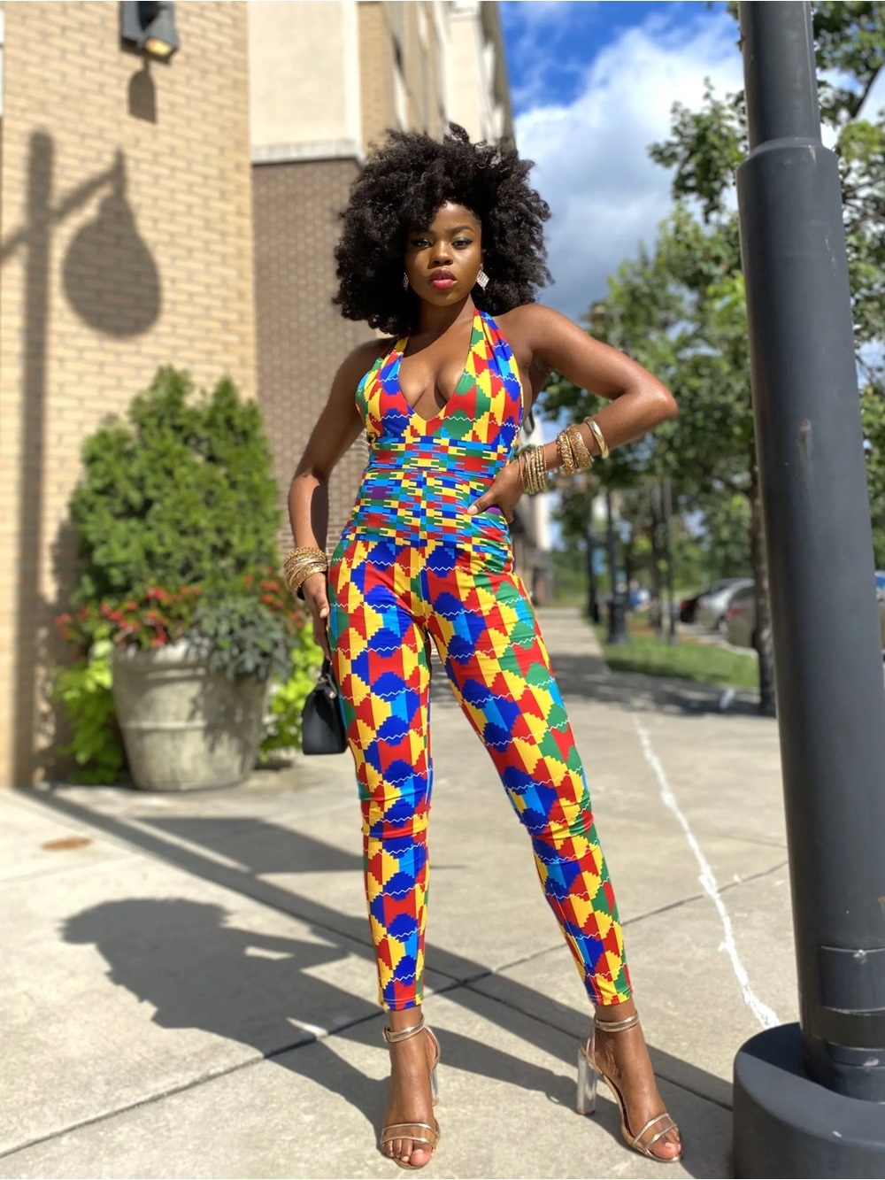 Audre-Akuba Stretchy V-Neck Halter Jumpsuit In Multi-Color African Kente